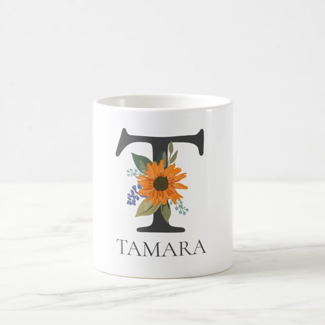 Modern Floral Customisable Monogrammed Letter T Coffee Mug (Center)
