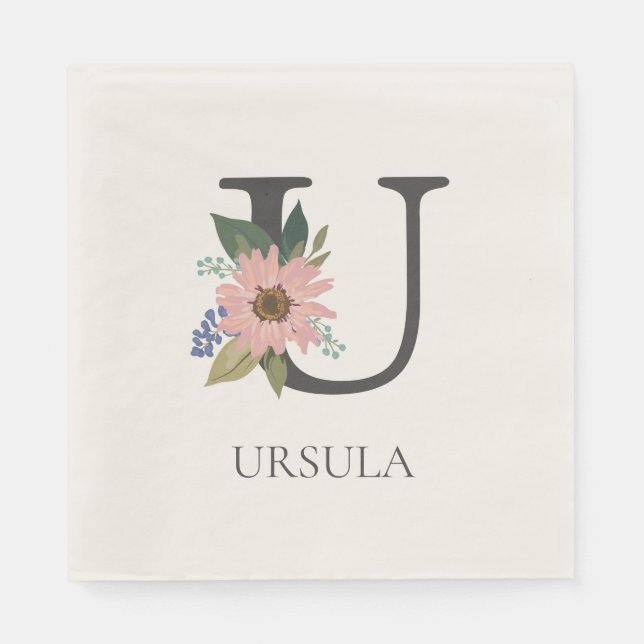 Modern Floral Customisable Monogrammed Letter U Napkin (Front)
