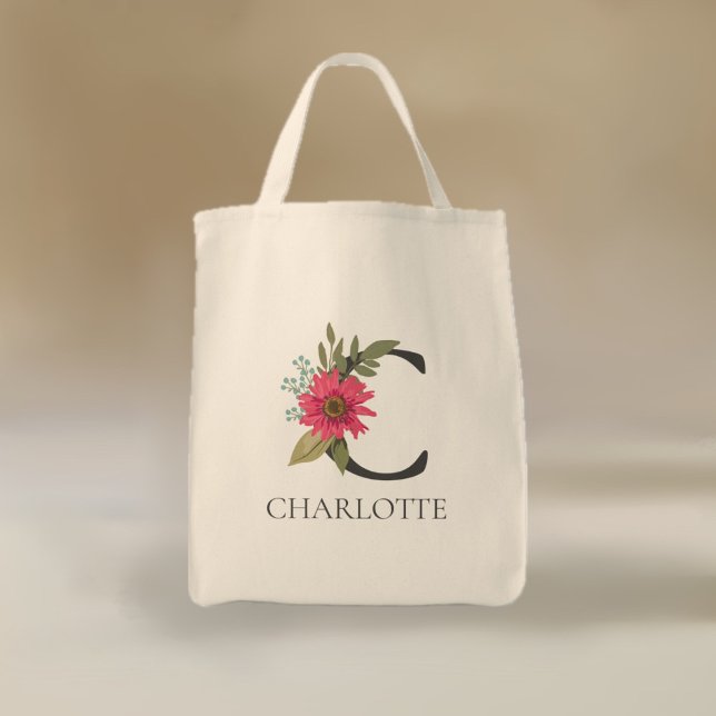 Modern Floral Customizable Monogrammed  Tote Bag (Creator Uploaded)