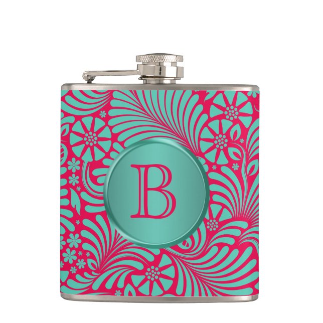 Modern Floral Damask Monogrammed Hip Flask (Front)