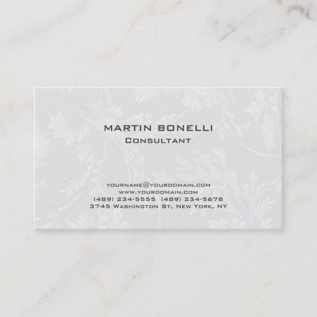 Modern Floral Damask White Grey Business Card (Front)