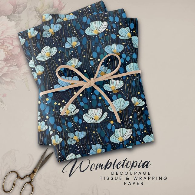 Modern Floral Dark Blue Poppy Pattern Wrapping Paper Sheet (Creator Uploaded)