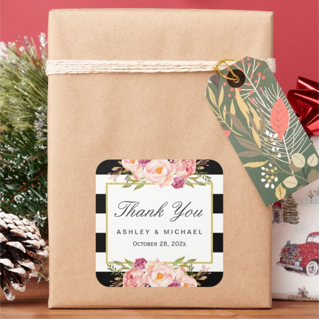 Modern Floral Decor Black White Stripes Thank You Square Sticker (Holiday)