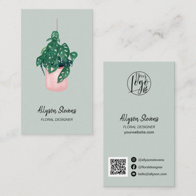 Modern floral designer monstera green logo qr code business card (Front/Back)