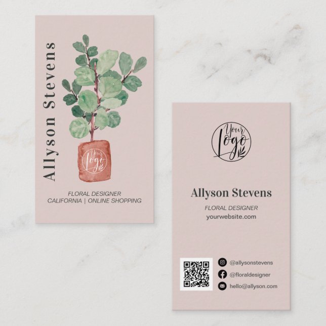 Modern floral designer plant pink logo qr code business card (Front/Back)