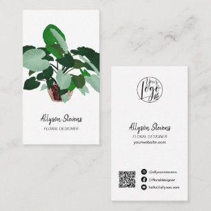 Modern floral designer plant white logo qr code business card
