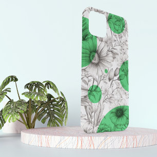 Modern Floral drawing kelly green Retro circles iPhone 15 Case
