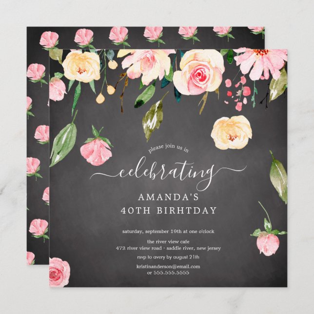 Modern Floral Drop Pink Peonies Birthday Party Inv Invitation (Front/Back)