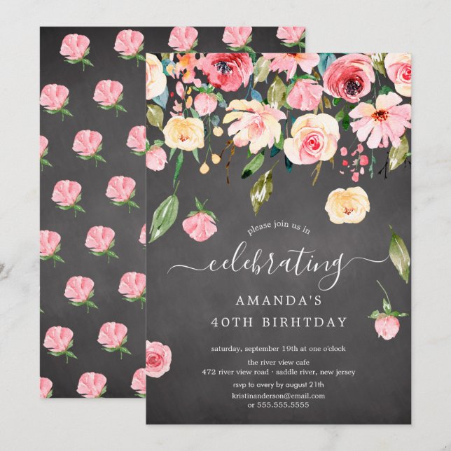Modern Floral Drop Pink Peonies Birthday Party Inv Invitation (Front/Back)