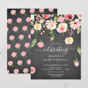 Modern Floral Drop Pink Peonies Birthday Party Inv Invitation