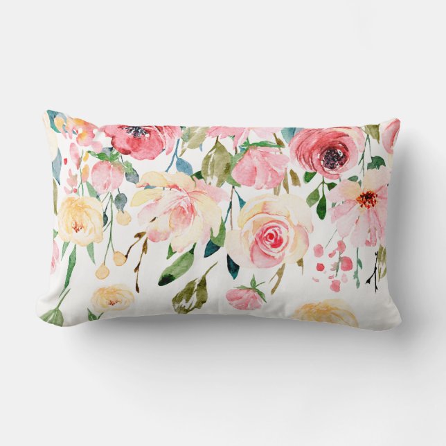 Modern Floral Drop Pink Yellow Peonies Lumbar Cushion (Front)