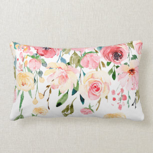 Modern Floral Drop Pink Yellow Peonies Lumbar Cushion