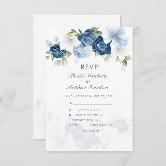 Modern Floral Dusty Blue Botanical RSVP Card (Front/Back)