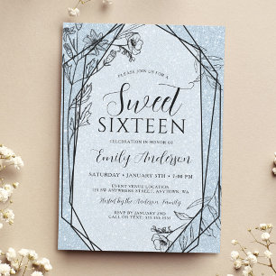 Modern Floral Dusty Blue Glitter Sweet 16 Invitation