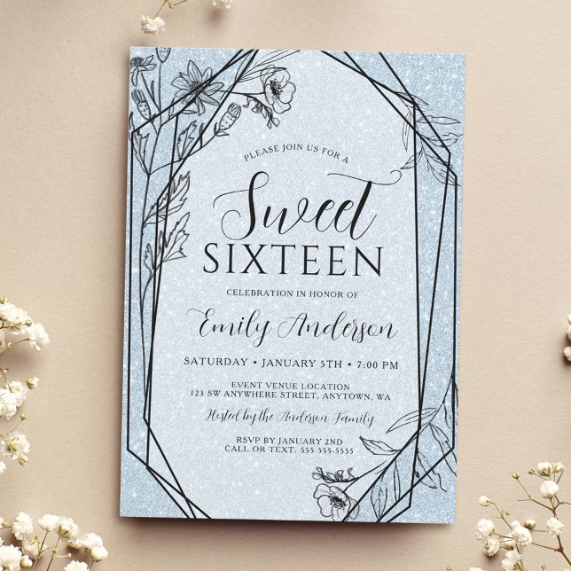 Modern Floral Dusty Blue Glitter Sweet 16 Invitation (Creator Uploaded)