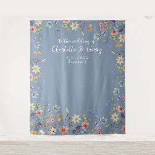 Modern Floral Dusty Blue Wedding Photo  Backdrop Tapestry