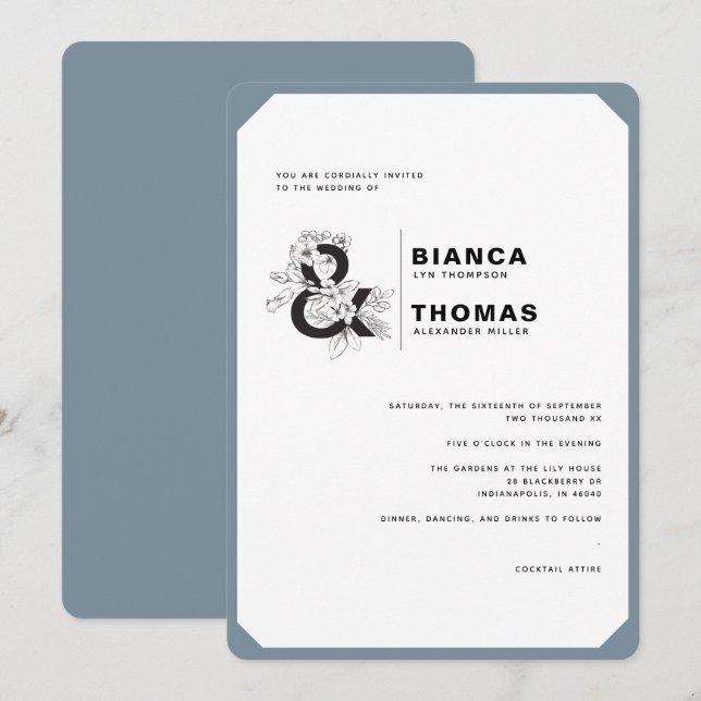 Modern Floral Dusty Blue & White Wedding Invitation (Front/Back)