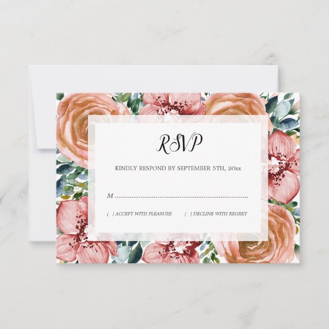 Modern Floral Dusty Orange Roses Orchids Wedding RSVP Card (Front)