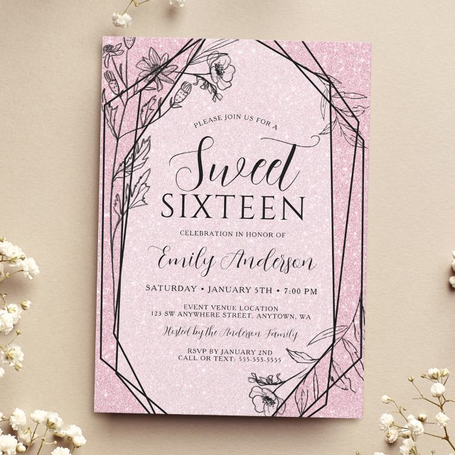 Modern Floral Dusty Pink Glitter Sweet 16 Invitation (Creator Uploaded)