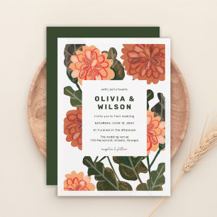 Modern floral earth tone peach green wedding invitation