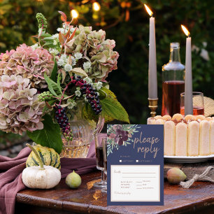 Modern Floral Elegance Navy Rose Gold Wedding RSVP