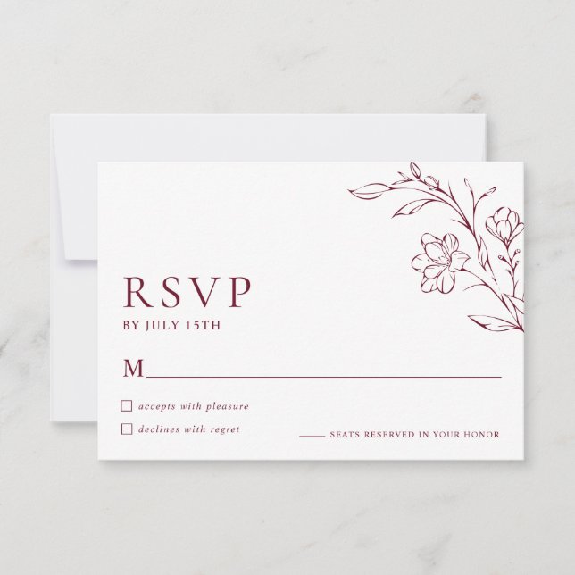 Modern Floral Elegant Burgundy Wedding RSVP Card (Front)