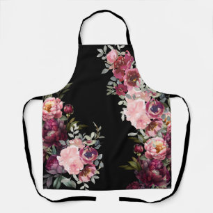 Modern Floral Elegant Peonies on Black  Apron