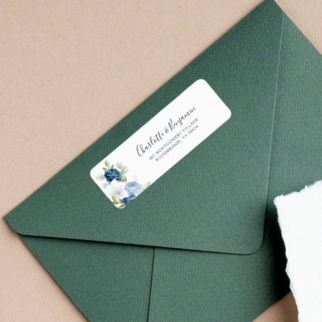 Modern Floral Elegant Script Return Addressed Address Label (Dusty Blue Floral Return Address Label)