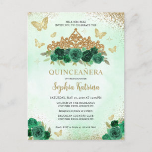 Modern Floral Emerald Green Gold Tiara Quinceañera Postcard