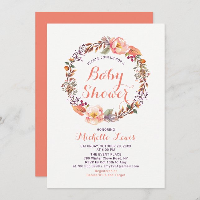Modern Floral Fall Girl Baby Shower Invitation (Front/Back)