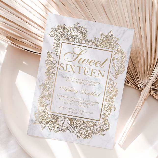 Modern floral faux gold marble chic Sweet 16 Invitation (Creator Uploaded)