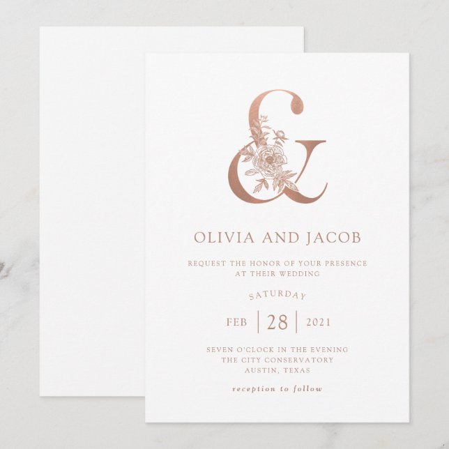 Modern Floral | Faux Rose Gold Ampersand Wedding Invitation (Front/Back)