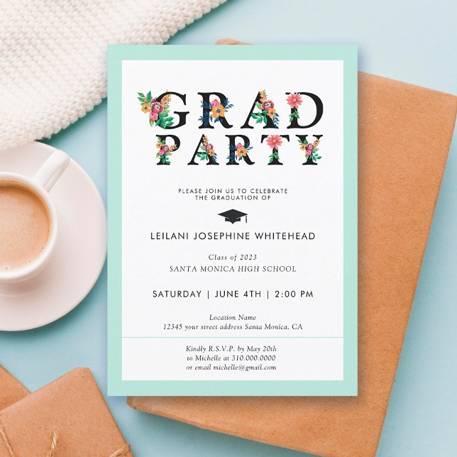 Modern Floral Font Grad Party Invitation (Creator Uploaded)