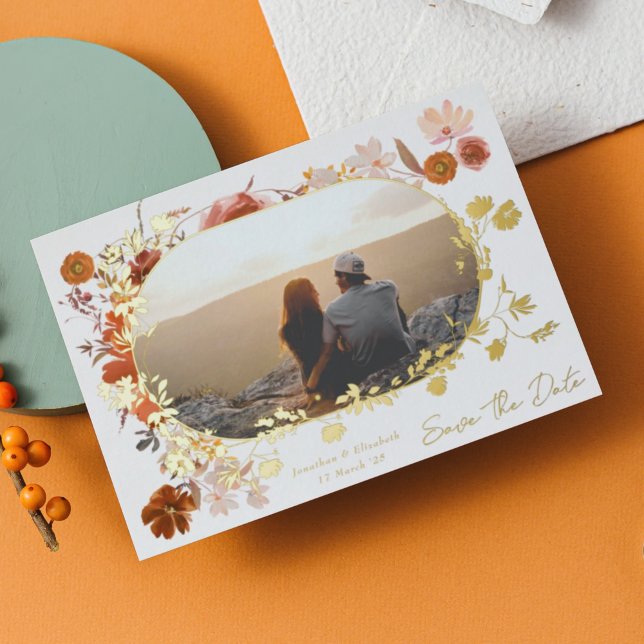 Modern Floral Frame Photo Save The Date Gold (Creator Uploaded)