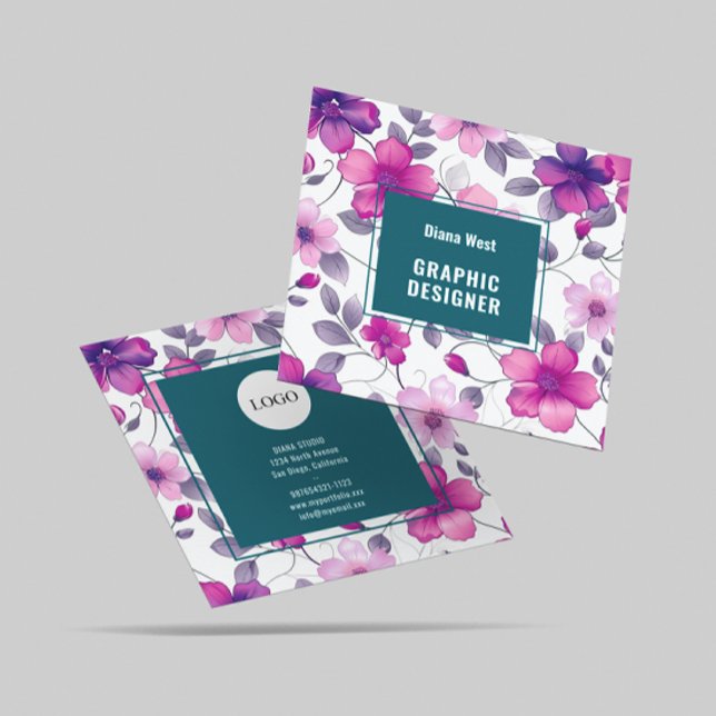  Modern Floral Fuchsia Green Business Card (Creator Uploaded)