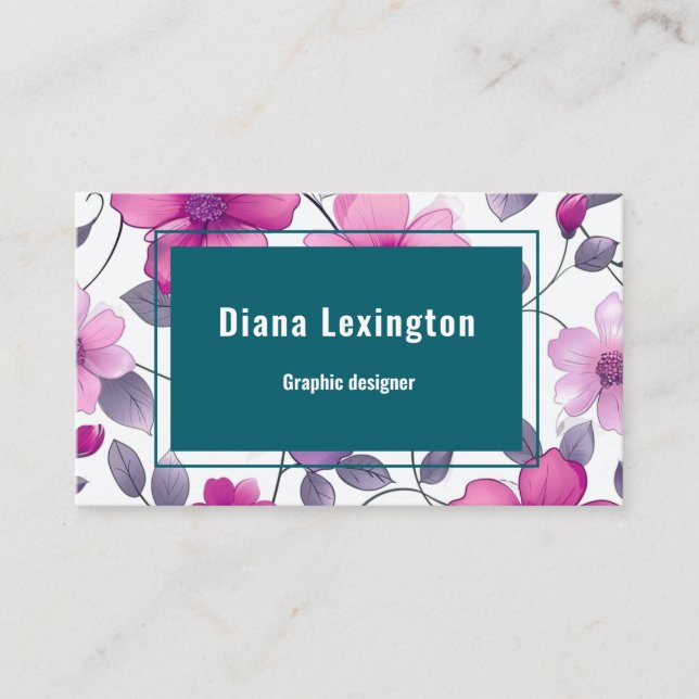  Modern Floral Fuchsia Green Business Card (Front)