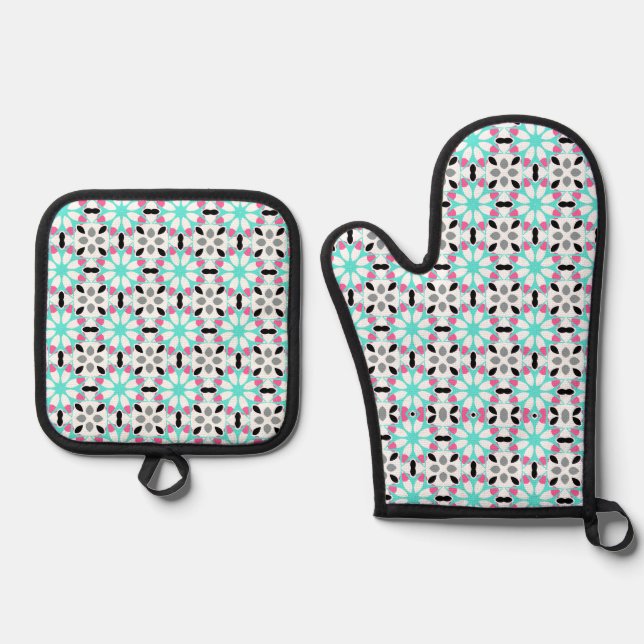 Modern Floral Geometric  Oven Mitt & Pot Holder Set (Front)