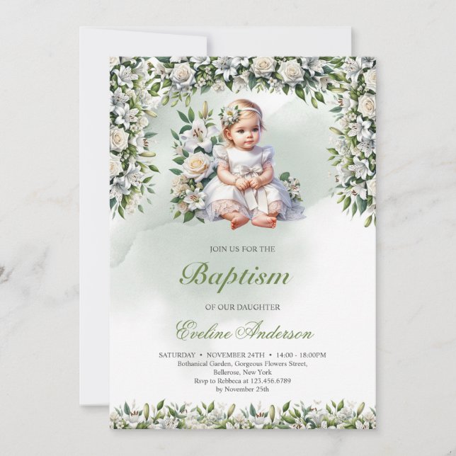Modern floral girl Baptism invitation (Front)