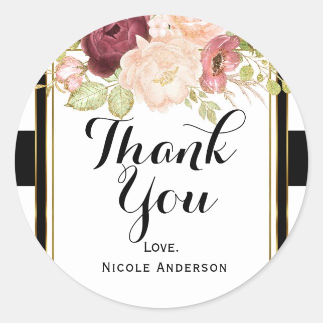 Modern Floral Glam Black White Stripe Chic Favour Classic Round Sticker (Front)