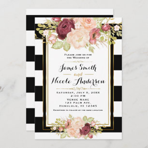 Modern Floral Glam Black White Stripes Wedding Invitation