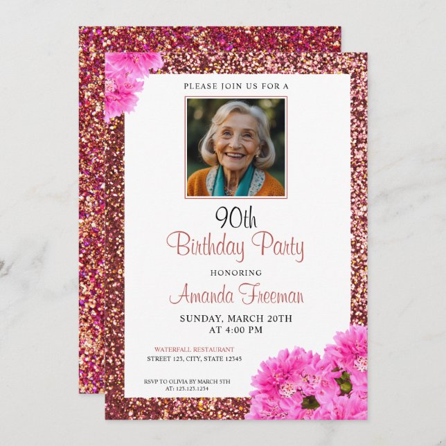Modern Floral Glitter 90th Birthday Invitation (Front/Back)