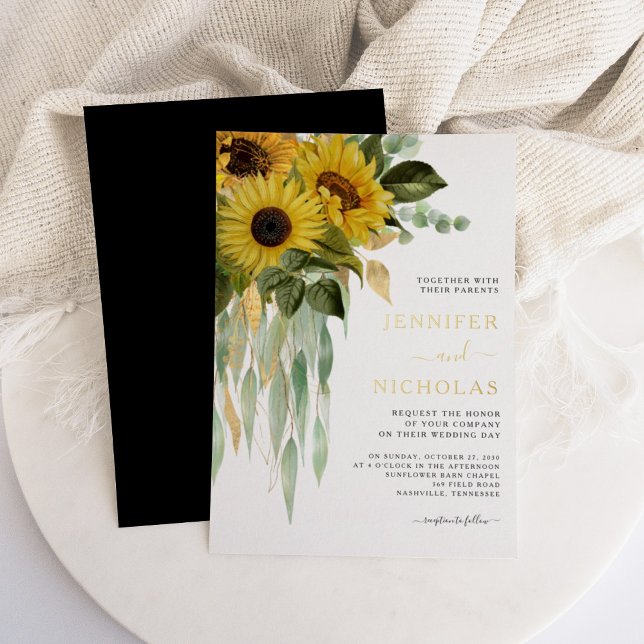 Modern Floral Gold Black & White Wedding (Modern Floral Gold Black & White Wedding Foil Invitation)