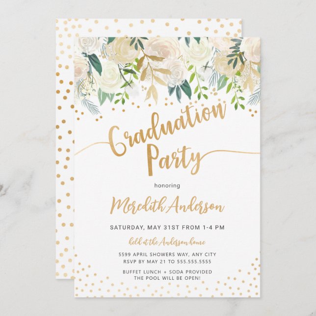 Modern Floral gold Confetti graduation party Invitation (Front/Back)