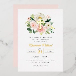 Modern Floral Gold Cross Girls First Communion