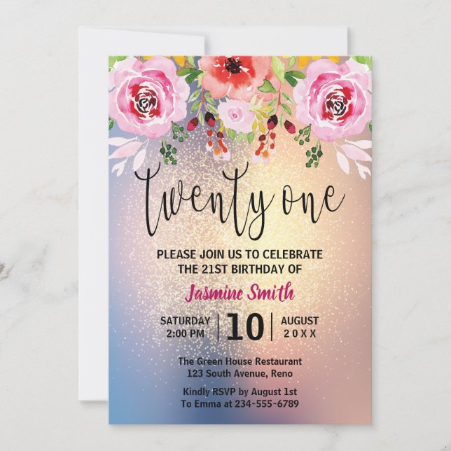 Modern Floral Gold Glitter 21st Birthday Invitation (Front)