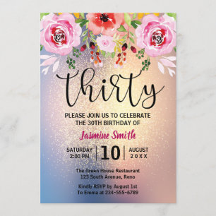 Modern Floral Gold Glitter 30th Birthday Invitation