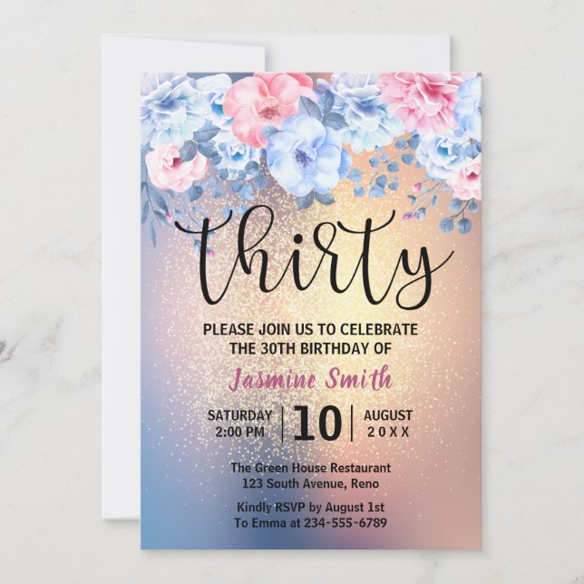 Modern Floral Gold Glitter 30th Birthday Invitation (Front)