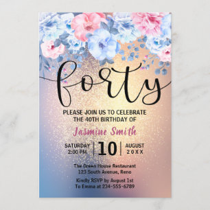 Modern Floral Gold Glitter 40th Birthday Invitation