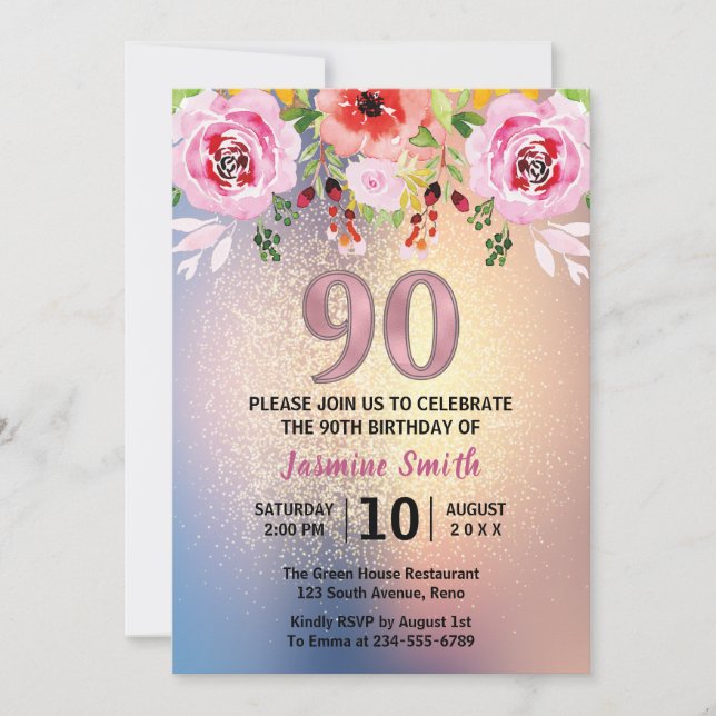 Modern Floral Gold Glitter 90th Birthday Invitation (Front)