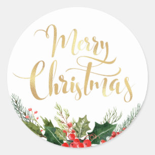 Modern floral gold script holiday sticker